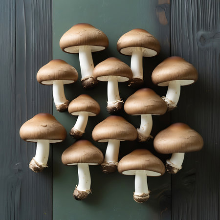 A group of eleven brown mushrooms with distinct white stems and visible gills are laid out on a dark green wooden surface.の素材