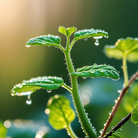 A close-up of a green plant stem covered in dewdrops, with sunlight filtering through in the background.の素材