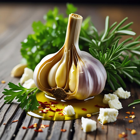A halved garlic bulb with cloves exposed is on a dark wooden surface with olive oil, chili flakes, feta cheese, rosemary, and parsley.の素材