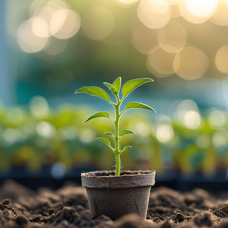 A healthy green plant seedling in a biodegradable pot is shown with a soft, sunlit bokeh background of plants.の素材