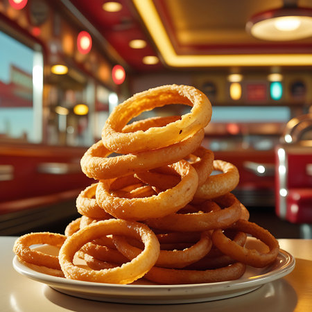 A tall stack of golden brown onion rings sits on a white plate in a retro diner setting with blurred red booths and warm lighting.の素材