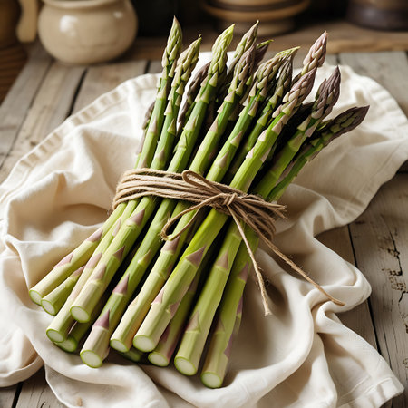 A bunch of fresh green asparagus spears, tied with twine, is presented on a white cloth atop a wooden table.の素材