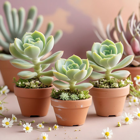 A close-up view of three echeveria succulents in terracotta pots, surrounded by small white daisy-like flowers.の素材