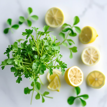 Whole lemons, sliced lemons, and lemon wedges are scattered across a marble surface alongside fresh green herbs and small leaves.の素材