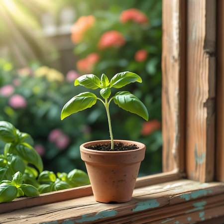 A basil plant in a terracotta pot sits on a weathered wooden surface, illuminated by sunlight with a blurred garden of flowers and greenery in the background.の素材