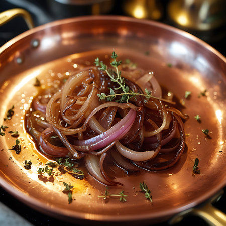 Sliced red onions caramelized with fresh thyme sprigs are glistening in a dark sauce within a copper pan.の素材