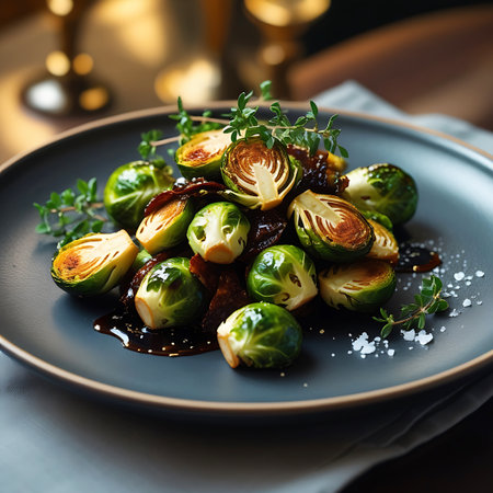 A plate of roasted Brussels sprouts with crispy bacon and fresh thyme, drizzled with a dark glaze and sprinkled with coarse salt.の素材