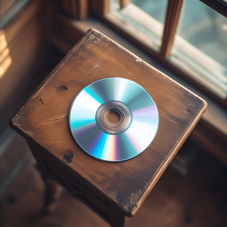 A shiny CD with iridescent colors rests on a rustic wooden table near a window, with sunlight casting shadows.の素材