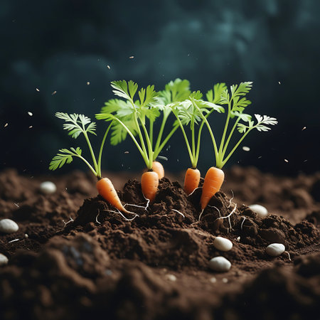 A cluster of small carrots with vibrant green tops are emerging from dark, rich soil, their white roots visible beneath the surface.の素材