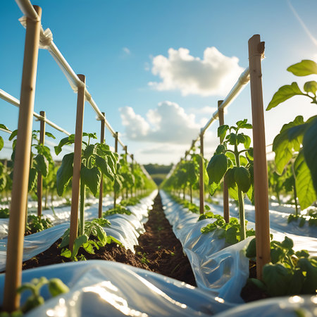 Perspective view of neatly arranged rows of young tomato plants growing in a field, covered with plastic sheeting, under a bright blue sky.の素材