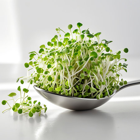 A metal spoon is filled with a mound of fresh, tiny green sprouts, with a few scattered on the white surface.の素材