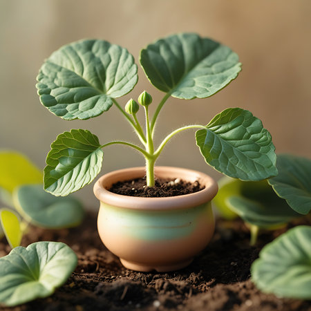A small potted plant with broad, round green leaves and developing buds sits in dark soil, with a blurred background.の素材