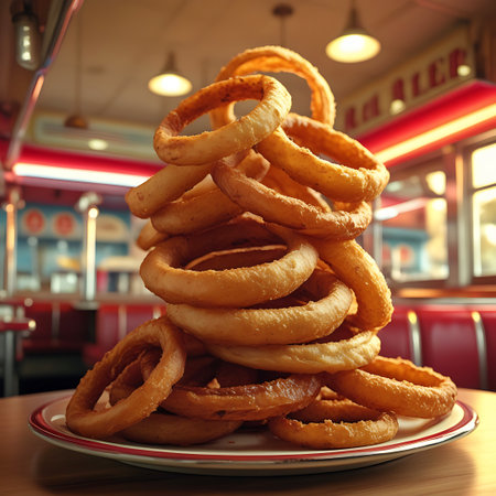 A towering stack of golden fried onion rings is showcased on a plate in a diner, with a blurred background of red seating and overhead lights.の素材