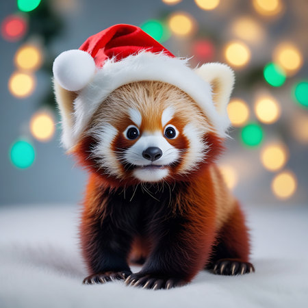An endearing red panda wearing a Santa hat is captured in a close-up portrait with a soft, blurred background of festive bokeh lights.の素材
