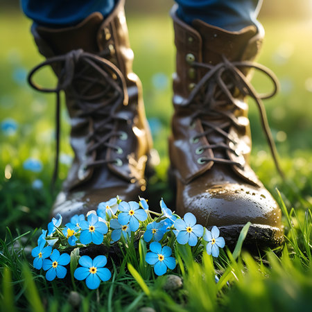 Close-up of brown leather hiking boots with a cluster of small blue flowers and green grass in the foreground.の素材