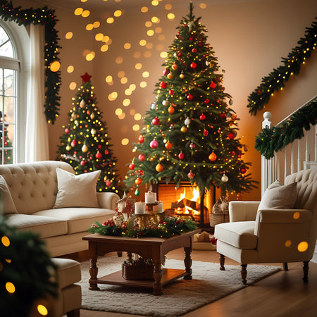 A festive Christmas living room scene with two decorated trees, a glowing fireplace, comfortable seating, and twinkling lights.の素材