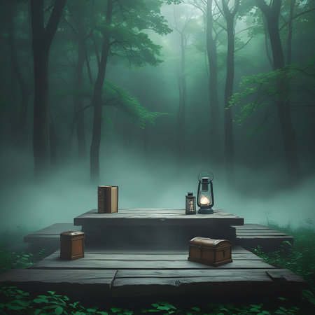 A wooden platform in a misty forest displays a treasure chest, lanterns, and a book, evoking a sense of mystery.の素材