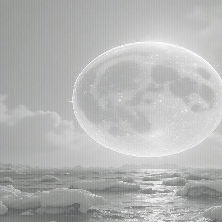 A luminous full moon hangs in a cloudy sky above a frozen ocean landscape with ice formations and water reflections.の素材