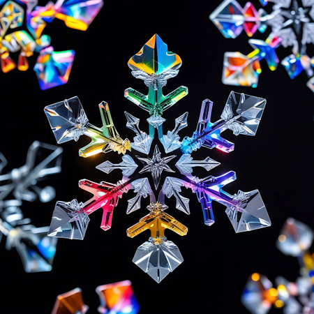 A large, multifaceted crystal snowflake ornament displays vibrant rainbow colors and light refractions against a dark background.の素材