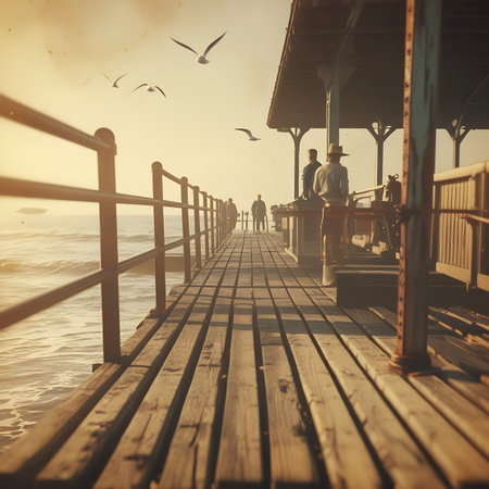 A vintage wooden pier with silhouetted figures and flying seagulls against a warm sunset sky over the ocean.の素材