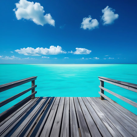 A wooden pier extends towards a vast, bright turquoise ocean under a clear blue sky with scattered white clouds.の素材