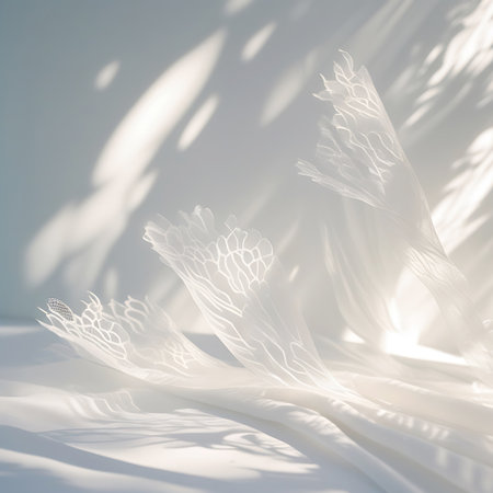 Abstract forms of white sheer fabric with intricate lace details are arranged, casting soft shadows under bright light.の素材