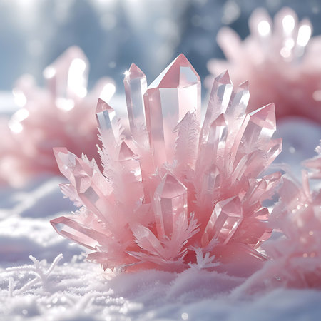 A close-up of a cluster of delicate pink crystals with intricate frosty details, nestled in soft, sparkling snow, with more blurred crystals in the background.の素材