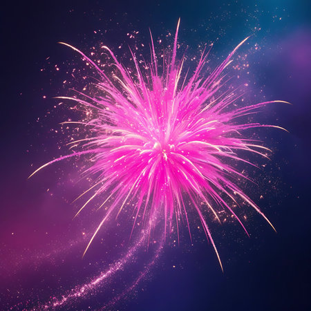 A dazzling pink firework explodes with bright sparks and glittering trails against a dark, starry sky with purple hues.の素材