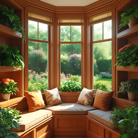 A cozy sunroom filled with an abundance of green plants and colorful flowers, offering a beautiful view of a vibrant garden through a bay window.の素材