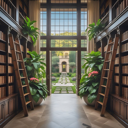 A grand library with floor-to-ceiling bookshelves, rolling ladders, large potted plants, and a view of a manicured garden through tall windows.の素材
