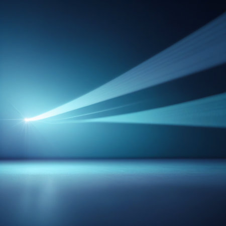 Abstract blue light beams create a sense of speed and motion, streaking across a dark background with subtle reflections.の素材