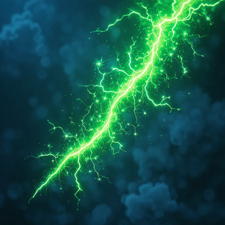 A vibrant green lightning bolt illuminates a dark, cloudy sky with a brilliant flash and scattered sparks.の素材
