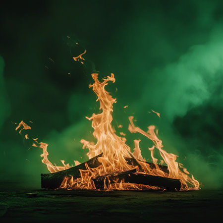 A campfire with bright orange and yellow flames is partially obscured by swirling wisps of green smoke against a dark, atmospheric backdrop.の素材