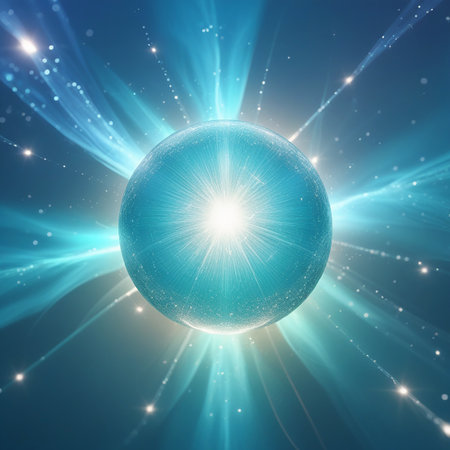 A bright cyan sphere pulsates with light, emitting energetic rays and particles that flow outwards against a deep blue background.の素材