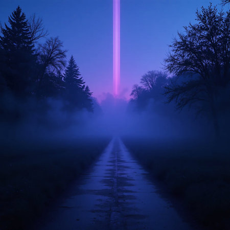 A dark, foggy forest road is illuminated by an intense purple beam of light descending from the sky.の素材