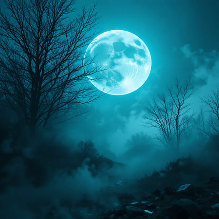 An eerie blue moon glows over a misty forest filled with bare trees and shadows, creating a mysterious atmosphere.の素材