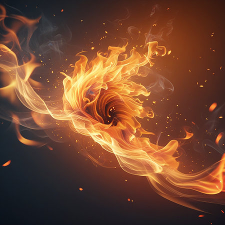 A dynamic vortex of bright orange flames and wisps of smoke swirls with scattered sparks against a dark background, conveying intense energy.の素材