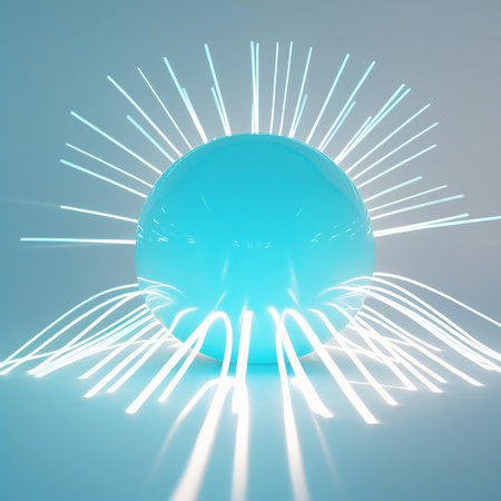 A bright cyan sphere emits numerous thin, white light rays outwards against a soft blue and grey background.の素材