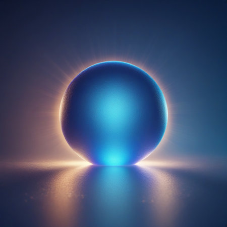 A luminous blue sphere radiates light against a dark, reflective surface, with subtle light rays emanating from behind it.の素材