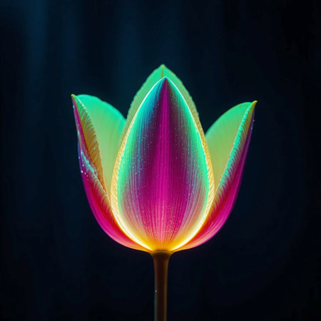 A single tulip with glowing pink and green petals is backlit against a dark background, highlighting its delicate structure and vibrant colors.の素材