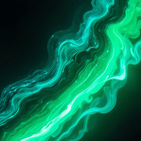 Swirling waves of vibrant emerald green and teal fluid energy create a dynamic, glowing abstract pattern against a dark background.の素材