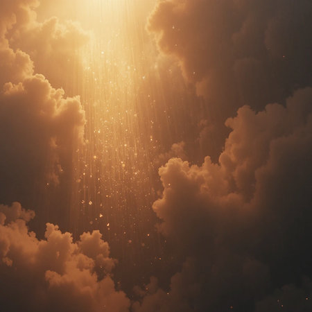 Golden sunbeams stream through clouds, illuminating sparkling particles in a dreamlike, ethereal scene.の素材
