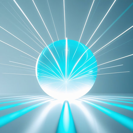 Sphere showing glowing blue sphere emitting light rays on a light blue surface. High resolution image suitable for commercial use.の素材