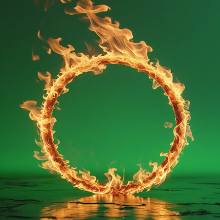 A ring of bright orange flames burns intensely, casting a warm glow on a dark, reflective surface against a deep green background.の素材