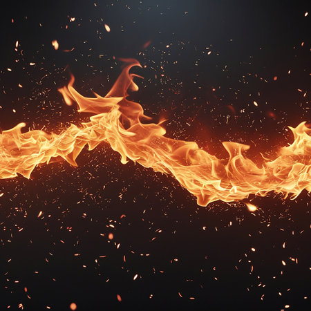 A dynamic wave of orange and yellow fire swirls across a dark background, with numerous glowing embers and sparks scattered throughout the scene.の素材