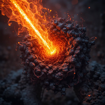 A concentrated beam of fiery orange energy strikes a dark, textured rocky mass, creating a powerful and intense visual.の素材