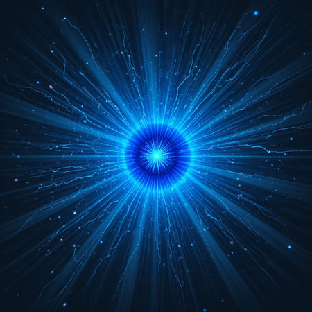 A vibrant blue orb emits radial energy streaks and tiny glowing particles against a dark, cosmic background.の素材