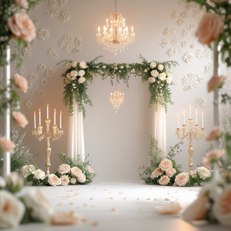 An elegant wedding arch adorned with white roses and greenery, featuring gold chandeliers and candelabras, set against a decorative wall.の素材