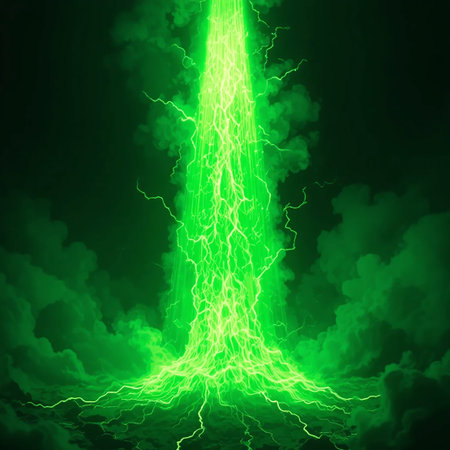 A vivid green lightning strike fans out dramatically over dark, swirling clouds, creating an intense visual.の素材
