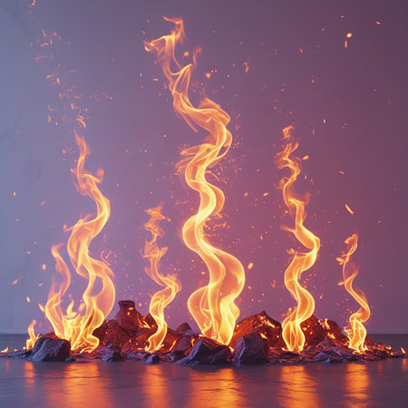 Several wavy orange flames ascend from a cluster of jagged dark rocks, with sparks and reflections creating a vibrant, dynamic scene.の素材